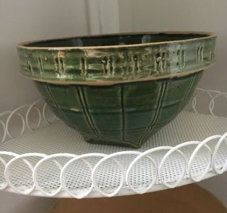 Antique Mccoy Green Yellow Ware Mixing Bowl Basket 9 1/2 " Shield 9