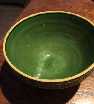 Antique McCoy Green Yellow Ware Mixing Bowl Basket 9 1/2 