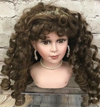 Vintage Doll Head 5 1/2” Porcelain Brown Curls Brown Eyes Lashes Jewelry