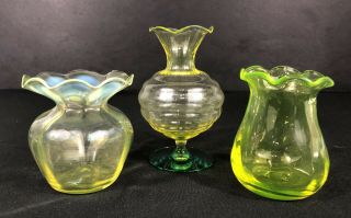 Vintage/ Antique Vaseline Uranium Glass Mini Vases Set Of 3