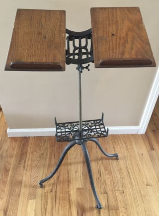 Antique Victorian Cast Iron Adjustable Oak Book Music Bible Dictionary Stand