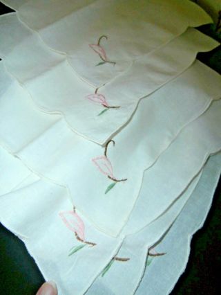 Six Vintage White Cotton With Floral Embroidery Napkins 10 " Square