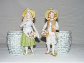 Antique Victorian Porcelain Figurine Flower Vase Jardinieres Boy & Girl C 1890