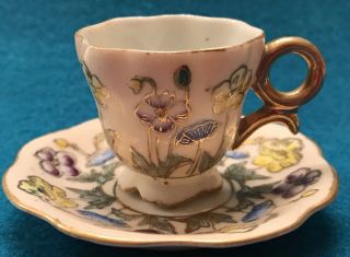 Vintage Teacup Saucer Made In Occupied Japan Antique China Gold Flowers Poppy