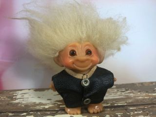 2 3/4” Vintage Troll With Mohair Hair And Faux Leather Jacket Unmarked 12h
