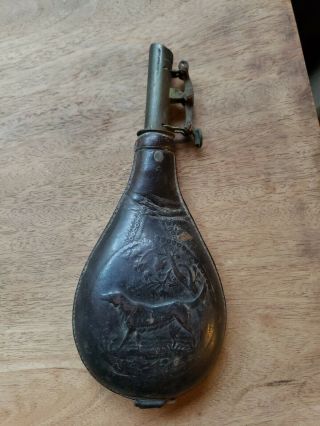 Antique Black Powder Flask – Brass & Leather – Hunting Dog Tree Design