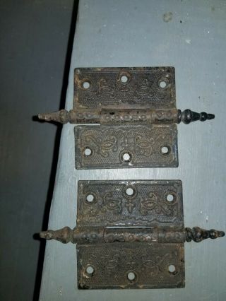 Antique Eastlake Ornate Door Hinges Pair 3 1/2 " X 3 1/2 " Cast Iron