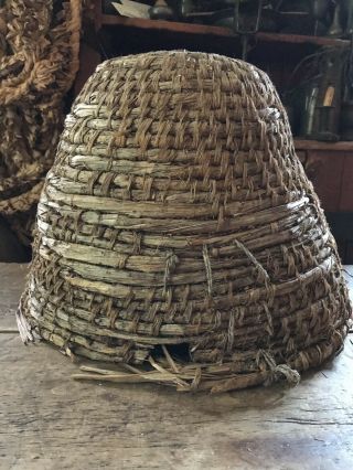 Rare Early Antique Large Handmade Rye Straw Bee Skep Worn Patina Authentic Aafa