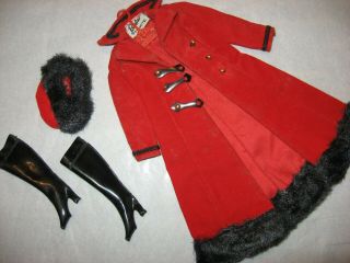 Vintage Barbie Doll Labeled Red Velvet Suede Coat Dress Hat Hanger Boots & Shoes