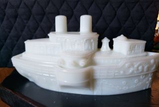 Antique Milk Glass Battleship Steam Boat " Maine " Covered Candy Dish Or Mustard