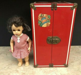 Vintage Tiny Terri Lee 10 " Doll W/ Metal Case - Tagged Checkered Red Dress