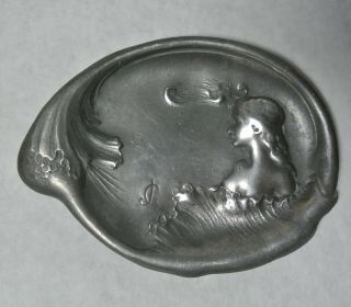 Art Nouveau Maiden Mermaid Pewter Card Tray / Pin Coin Dish Signed