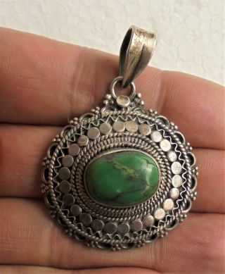 Old Tibetan Silver Pendant With Green Turquoise