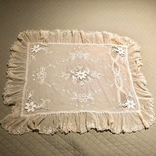 Vintage French Tambour Lace Pillow Case Embroidered Flowers 18” X 26”,  4” Edge