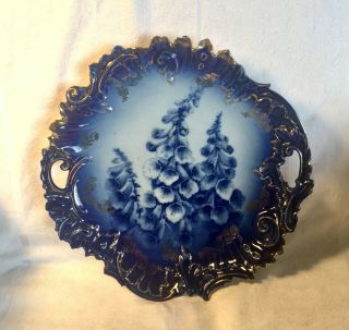 Antique Flow Blue Bowl Or Tray With Foxglove Motif & Gold Accents