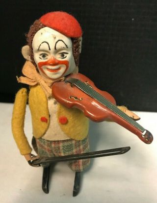 Adorable Antique Schuco Tin Wind Up Clown Playing Violin Made In Germany