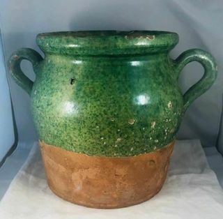 Antique 19th C French Terracotta Redware Confit Pot W/ Green Glaze N/r