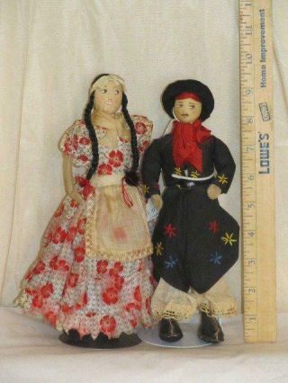 Vintage Pair 9.  5 " Cloth Dolls Gaucho & Lady Of Argentina,  Handpainted Face