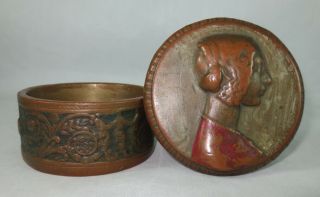 Antique Painted Copper Round Trinket Box With Woman 