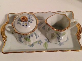 Porcelain - Sugar & Creamer With Matching Tray - Hand Painted And Gold Trim
