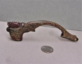 1800 ' s Chinese Smoking Pipe (?),  Bronze w/ Enamel,  Dragon Head Lid 2