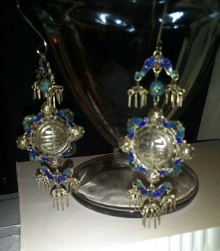 1800s Antique Chinese Sterling Silver Enameled Earrings (long & They Move) Hooks