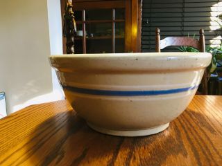 Antique Yellow Ware Yellowware Stoneware Mixing Bowl W/ Blue & White Band 9 Inch