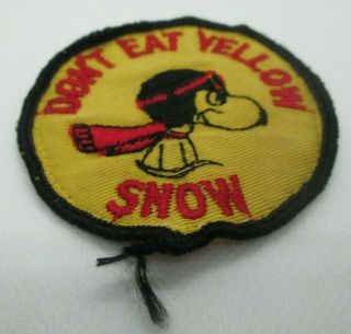 Vintage Dont Eat Yellow Snow Snoopy Snowmobile Cloth Embroidered Patch Round 2
