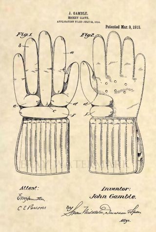 Official 1915 Ice Hockey Glove Patent Art Print - Vintage Nhl Early Antique - 123