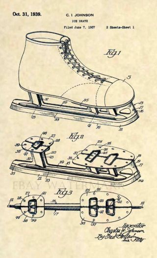 Official Ice Skate Patent Art Print - Vintage Ice Hockey Skates - 1939 Antique 332