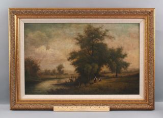 19thc Antique Farming Figures & Pond Country Landscape Oil Painting,  Nr