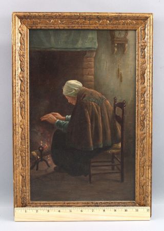 Antique H.  J.  Morrison Genre Interior Oil Painting,  Woman W/ Fireplace Hearth Nr