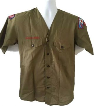 Boy Scout Official Shirt Central Ohio Council Patches Military Green M/l 12 - 14