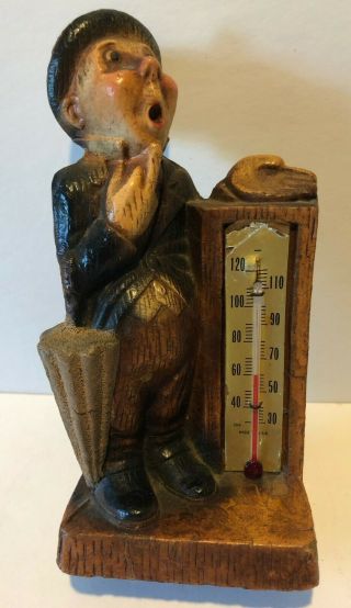 Vintage German Black Forest Hand Carved Wood Styled Figure – Real Thermometer