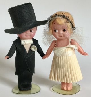 Antique 1920s Celluloid & Crepe Paper Bride & Groom Wedding Cake Toppers Japan?