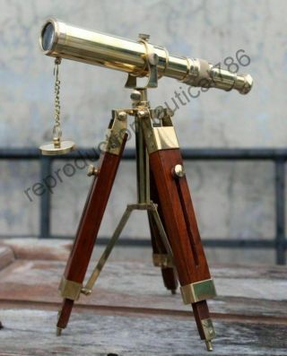 Vintage Solid Brass Telescope With Wooden Tripod Nautical Navy Ship Telescope 5