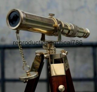 Vintage Solid Brass Telescope With Wooden Tripod Nautical Navy Ship Telescope 6