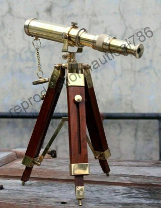 Vintage Solid Brass Telescope With Wooden Tripod Nautical Navy Ship Telescope 8