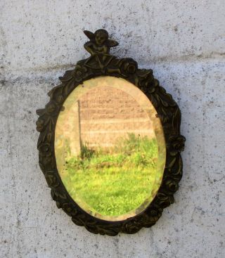 Small Oval Art Brass Wall Hanging Beveled Glass Mirror Putti Cherub