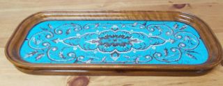 Antique Victorian 19th C Walnut Beaded Wooden Tea Tray Turquoise 56.  5 Cms