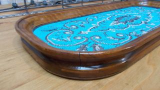 Antique Victorian 19th C Walnut Beaded Wooden Tea Tray Turquoise 56.  5 cms 2