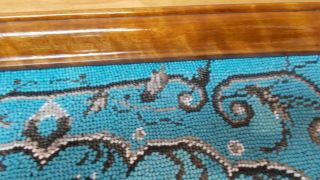 Antique Victorian 19th C Walnut Beaded Wooden Tea Tray Turquoise 56.  5 cms 7