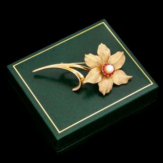 Antique Vintage Mid Century Gold Plated Boucher Floral Flower Huge Pin Brooch
