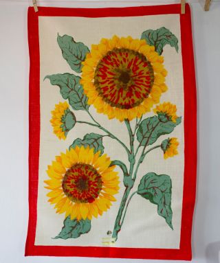 Vintage 1960s Abstract Sunflower Print Pure Linen Tea Towel