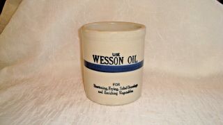 Vintage Wesson Oil Stoneware Advertising Beater Jar Blue Stripe