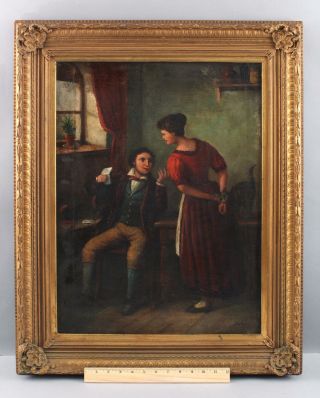 19thc Antique American Interior Genre Oil Painting,  Man & Woman W/ Letter,  Nr