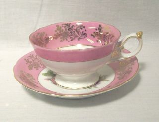 666 - Royal Halsey Floral Pattern Tea Cup & Saucer,  Pink W/gold Trim - Vintage