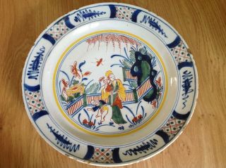 C1750 Large Antique English Delftware Plate Polychrome Chinoiserie Decoration