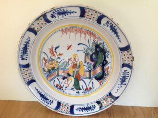 c1750 Large Antique ENGLISH DELFTWARE Plate Polychrome CHINOISERIE Decoration 2