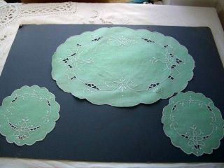 Vintage Hand Made Embroidered Green Cotton Antique Dressing Table Mats - Set.